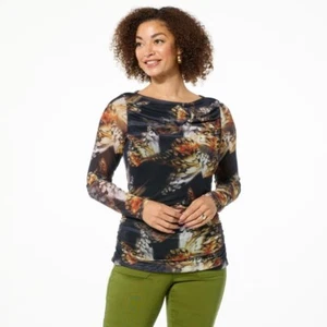 DG2 by Diane Gilman Printed Mesh Boat Neck Top Size 1X Lined Black Butterfly NEW - Picture 1 of 6