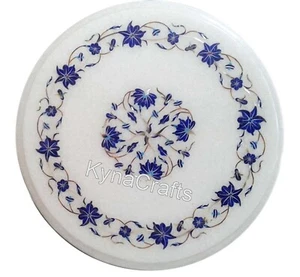 Round Marble Coffee Table Top Lapis Lazuli Stone Inlay Work Patio Corner Table - Picture 1 of 4