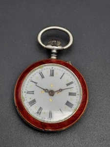 silver red enamel fob lady pendant small pocket watch spares repair - Picture 1 of 13