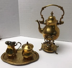 Vintage Messing 7-teiliges Kaffee & Teeservice mit Warmständer Sahne & Zucker plus Tablett - Bild 1 von 16