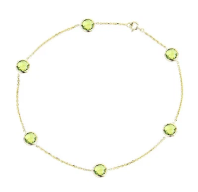 14K Yellow Gold Anklet Bracelet With 6mm Round Peridot Gemstones 9 Inches - Image 1 of 2