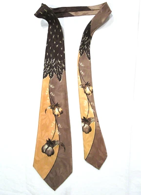 VINTAGE TIE NECKTIE 1940S 1950S EXOTIC HORNED FLOWER ORCHID SATIN JACQUARD NT37 - Image 1 of 4