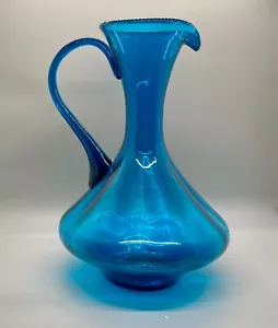 Vintage MCM Hand Blown Bischoff Art Glass Turquoise Blue Tall 11” Vase Pitcher - Picture 1 of 7