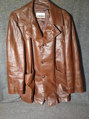CHAQUETA DE CUERO MARRÓN VINTAGE AÑOS 70 ERA HOMBRE 3/4 LARGO GABARDINA CRESCO 42L Foto 1 de 4