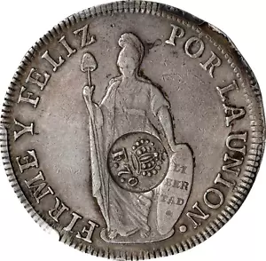 (1832-34) COLONIA DI SPAGNA FERDINANDO VII 1833 PERÙ 8 REALES CONTROMARCHIO PCGS XF/AU - Foto 1 di 4