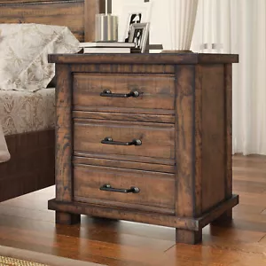 Nightstand with 3 Drawers Reclaimed Solid Pine Wood Bedside Table Rustic - Picture 1 of 7
