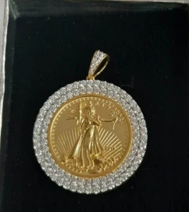 2 Ct Round Cut Simulated Diamond Liberty Coin Pendant 14K Yellow Gold Plated - Picture 1 of 4