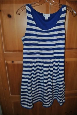 NEW WOMAN'S ELLE ROYAL BLUE AND WHITE STRIPED DRESS. SIZE 10. EYELET OVERLAY - Image 1 of 4