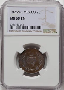 MEXICO ESTADOS UNIDOS 1926 2 CENTAVOS COIN NGC CERTIFIED UNCIRCULATED MS65-BN - Picture 1 of 2