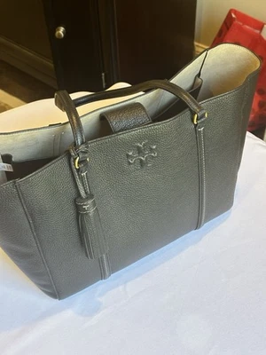 Tory Burch Mcgraw Tassel Tote Bag Purse Inner Pocket Black Pebble  Leather - Image 1 of 4