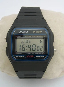 CASIO WATCH DIGITAL F-91W STAINLESS BLACK STEEL SILICONE UNISEX ALARM GENUINE - Picture 1 of 8
