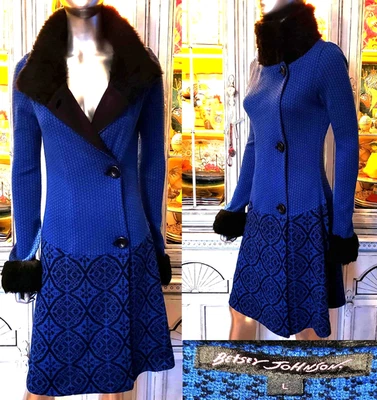 De colección Betsey Johnson Azul Falda Negro Imitación Piel Suéter Vestido Abrigo Chaqueta L Foto 1 de 4