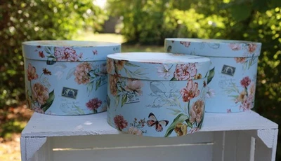 Box Box Storage Gift Wrapping Cardboard Tin Blue Flowers, Set of 3 - Image 1 of 4