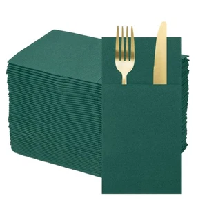50 Pcs Disposable Linen Feel Napkin with Built-in Flatware Pocket Dark Green - Picture 1 of 6