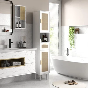 Tall Bathroom Storage Cabinet with Rattan Doors, White - Picture 1 of 11
