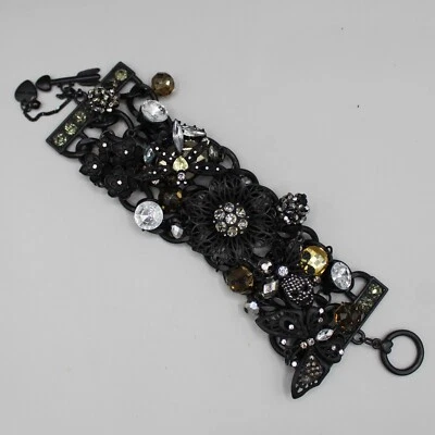 Betsey Johnson Black Charm Bracelet Chainmail Flowers Rhinestones Toggle Clasp - Image 1 of 4