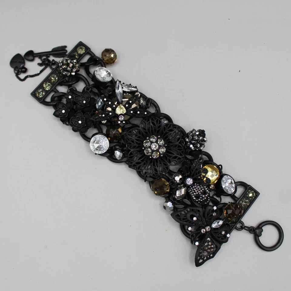 Pulsera Betsey Johnson Negro Dije Cota de malla Flores Estrás Cierre de palanca Foto 1 de 4