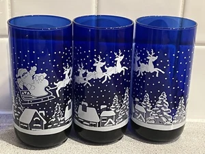 Vintage Set of Three (3) Libbey Cobalt Blue Christmas Glasses Santa Sleigh Scene - Picture 1 of 1