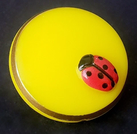 Yellow Glass with Red Painted Ladybug…Le Chic Back Mark...11/16"….Vintage Button Cover