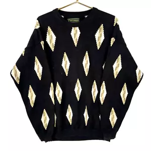 Vintage Grandpa Cable Knit Sweater XL Tall Black Crewneck Argyle 90s - Picture 1 of 3