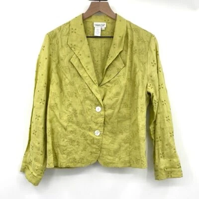 Blazer Coldwater Creek verde para mujer chaqueta grande Chartreuse 100 % lino bordado Foto 1 de 4