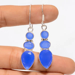 Pendientes de plata 925 con piedras preciosas de calcedonia azul joyería de moda 2,1"  - Imagen 1 de 3