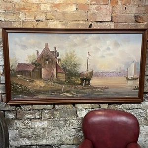 Hand painted Oil On Canvas Boat Yard Scene Signed - Picture 1 of 6