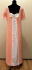 Vintage Dress Peach 60s Short Sleeve Empire Waist Lace Trim Maxi Dress f45