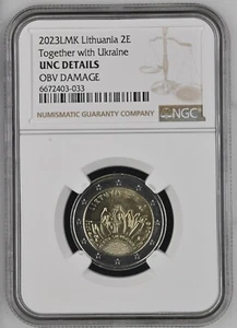 Lithuania 2 Euro 2023  NGC UNC DETAILS OBV DAMAGE (Together with Ukraine) - Picture 1 of 2