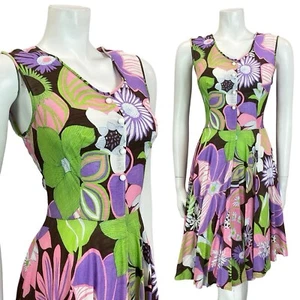 VTG 60S 70S PURPLE GREEN BROWN PINK PSYCHEDELIC FLORAL SWING SUMMER DRESS 10 - Picture 1 of 10