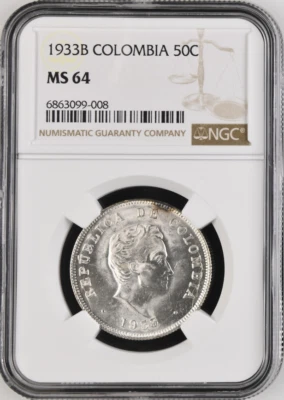 :1933-B S50-CENTAVOS COLOMBIA BOLIVAR NGC MS64 RARE R8 6/3 LOW POP HIGH GRADES - Image 1 of 2