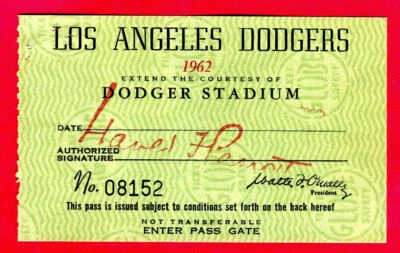 1962 Sandy Koufax First No-Hit GM Full Ticket Pass 1962 At Los Angles Dodgers ⚾️ - Image 1 of 3