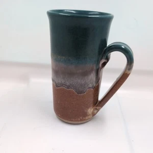 Walt Glass Pottery Tall Mug Cup Texas Sunset Drip Glaze Teal Rust Brown 89 - Picture 1 of 6