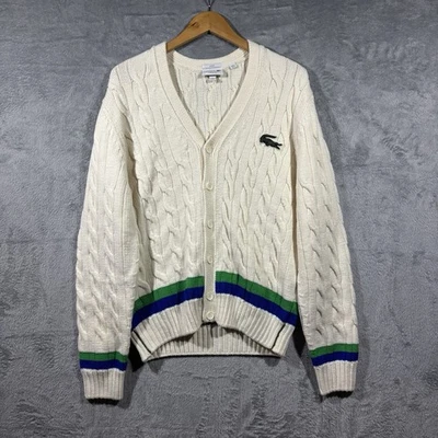 Cárdigan a Rayas Tejido con Cable Lacoste Adulto Mediano Blanco Unisex Tenis Grueso 2025 Foto 1 de 4