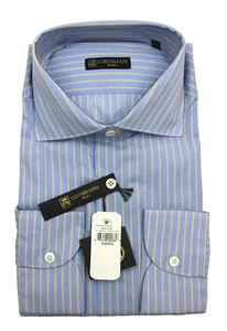 Corneliani Shirt Mens 16.5 42 Blue Yellow Stripe Dress Shirt Made Italy Luxury - Picture 1 of 9