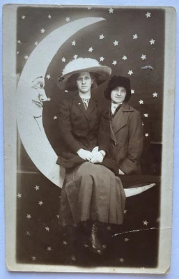 RPPC Real Photo Postcard - Two Women Posing With The Man In The Moon Portrait  - Image 1 of 2