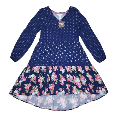 Matilda Jane Girls Navy Blue Floral Print Long Sleeve Tiered Dress Size Small - Image 1 of 4