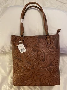 Brown Tooled Faux Leather Handbag Tote - Picture 1 of 11
