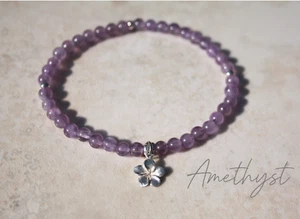 🌸Genuine Amethyst and Sterling Silver Elasticated Bracelet Healing 4.5 mm beads - Picture 1 of 5