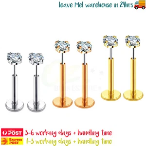 6PCS Push in Threadless Flat Back Earrings Studs Tragus Lip Piercing Jewellery - Picture 1 of 14