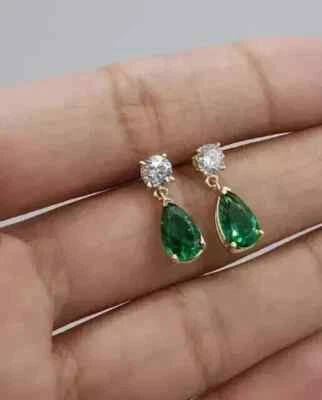 2.90CT Pear Lab-Created Green Emerald Drop/Dangle Earring 14K Yellow Gold Plated - Image 1 of 4
