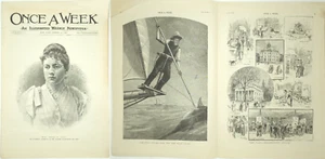 1891 Spear Fishing Sword-Fish Engraving Once A Week Newspaper NY Registry Office - Picture 1 of 10