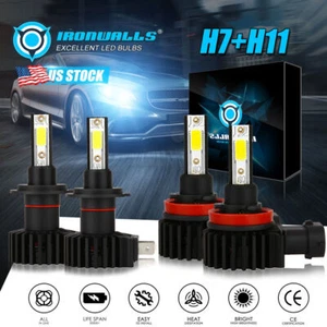 4PCS LED Headlight Bulbs Kit H7+H11 High Low Beam 6500K Xenon White Super Bright - Picture 1 of 12