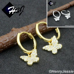 925 STERLING SILVER ICY CZ DANGLE BUTTERFLY GOLD PLATED/SILVER HOOP EARRING*E253 - Picture 1 of 7