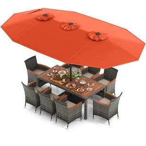 10 Pieces Patio Wicker Dining Set w/ Double-Sided Patio Umbrella 8 Armchairs - Picture 1 of 11