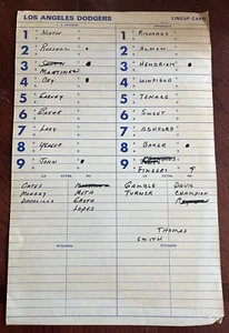 LOS ANGELES DODGERS/S.D. PADRES AUTH OFFICIAL DUGOUT LINEUP CARD GARVEY BAKER - Picture 1 of 1