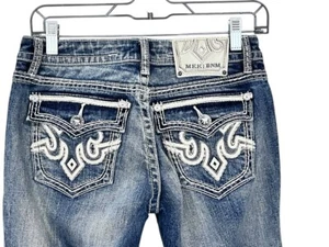 Mek Denim Brisbane Y2K Embroidered Studded Slim Boot Cut Jeans Size 26x34 Rave - Picture 1 of 6