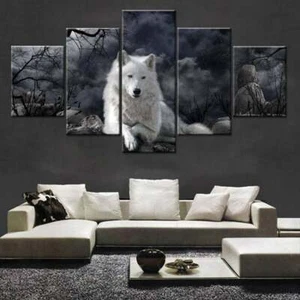 Multi Panel Print White Wolf Canvas 5 Piece Framed Wall Art Wolves Fog Picture  - Picture 1 of 11