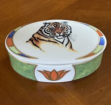 Vintage Lynn Chase Tiger Raj Porcelain Vanity Oval Trinket Box 1994