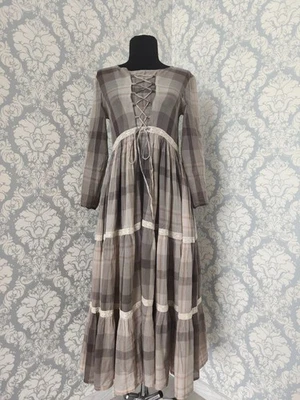 Ewa i Walla Checked Voile Boho Midi Dress Lace-Up Romantic Cottagecore Size S-M - Image 1 of 4